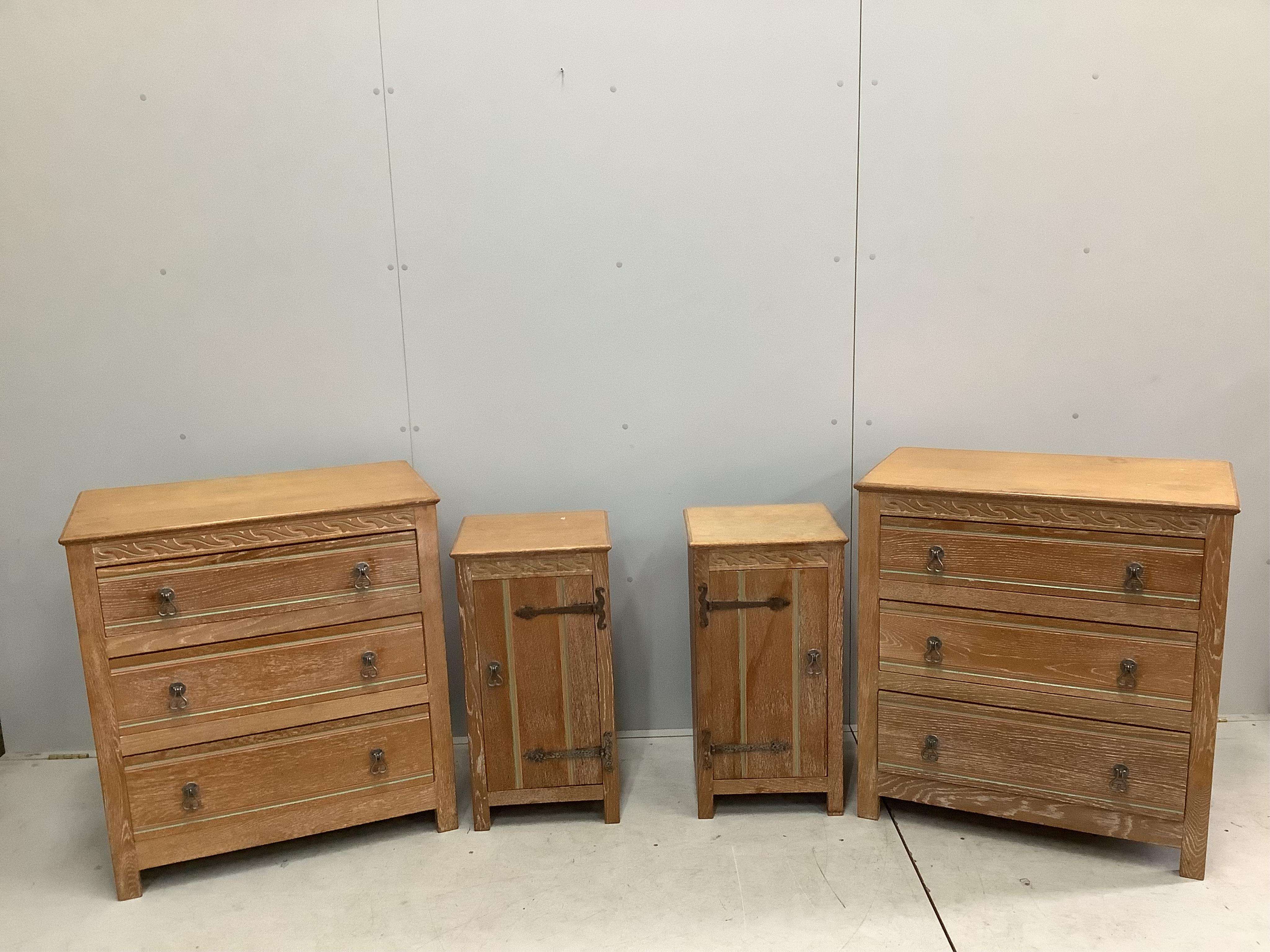 A painted limed oak eight piece bedroom suite, comprising a pair of three drawer chests, pair of bedside cabinets, dressing table stool, wardrobe and headboard. Condition - fair